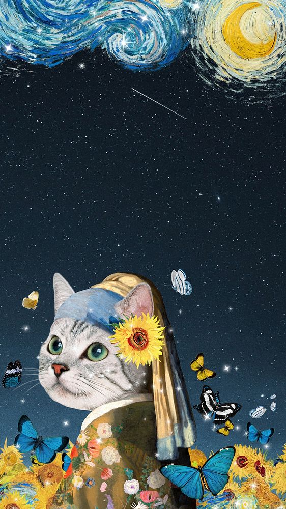 Surreal cat woman mobile wallpaper, aesthetic background. Remixed by rawpixel.