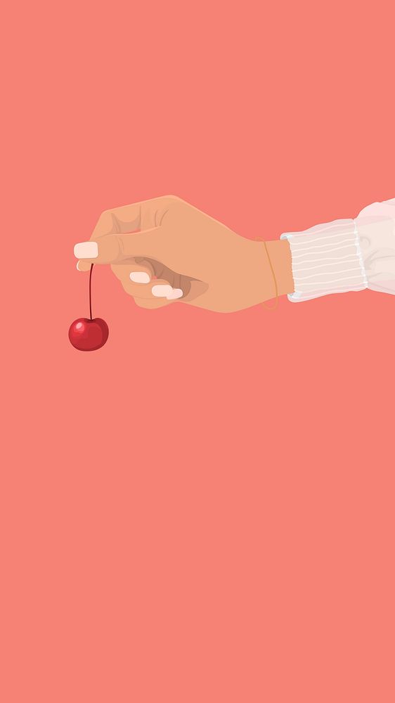 Hand holding cherry, iPhone wallpaper, feminine illustration