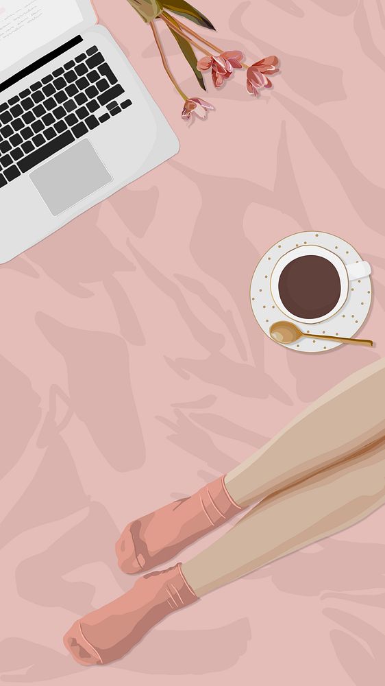 Laptop, coffee & flower, mobile wallpaper, aesthetic feminine illustration