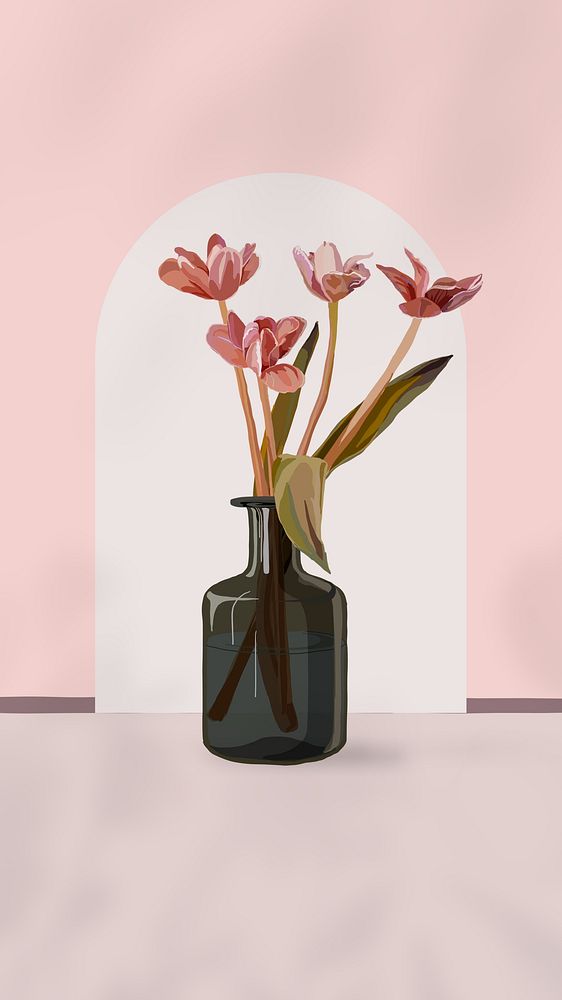 Aesthetic flower vase, mobile wallpaper, pink feminine illustration