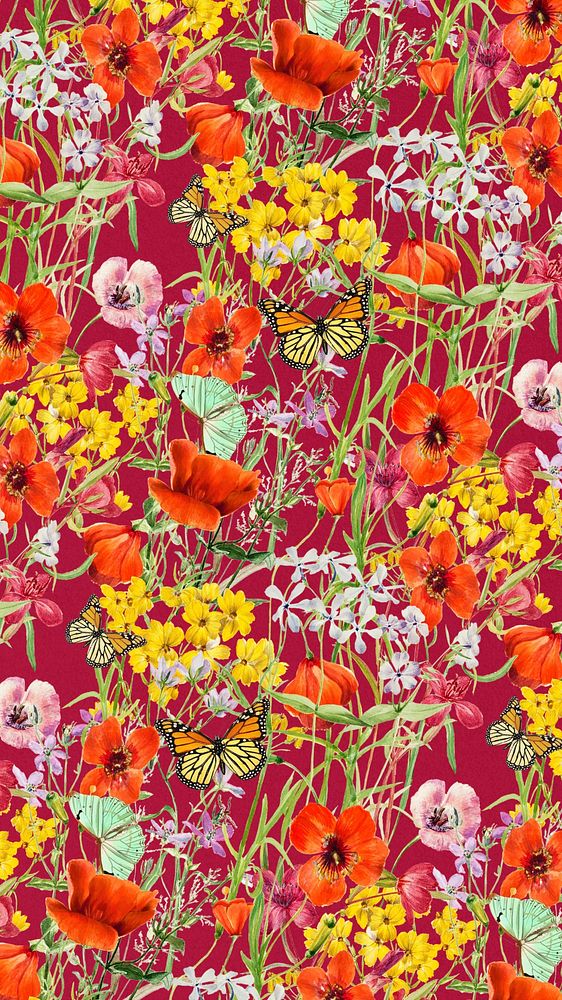 Spring flower pattern mobile wallpaper illustration by Pierre Joseph Redouté. Remixed by rawpixel.