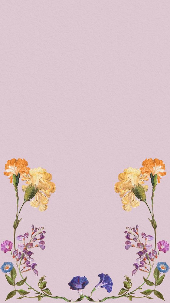 Floral pastel purple phone wallpaper, flower border illustration by Pierre Joseph Redouté. Remixed by rawpixel.