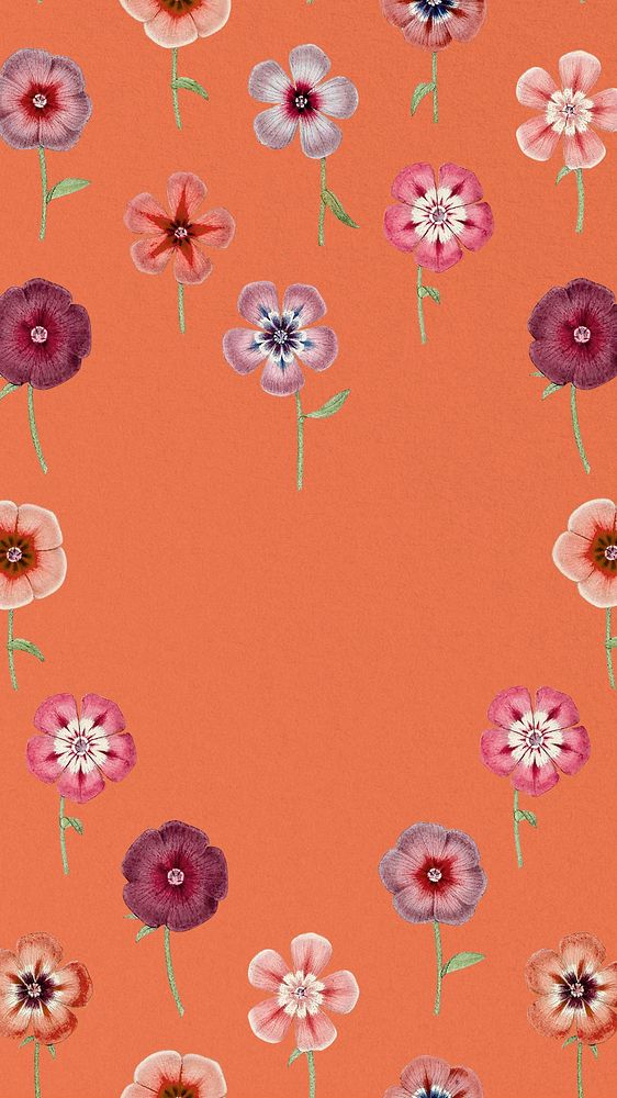 Orange phone wallpaper, vintage floral frame illustration by Pierre Joseph Redouté. Remixed by rawpixel.