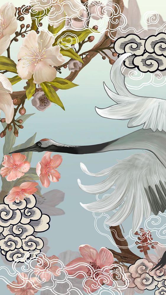 Flying Japanese crane iPhone wallpaper, traditional animal illustration