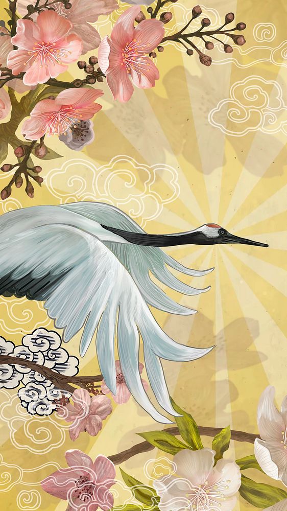 Flying Japanese crane iPhone wallpaper, traditional animal illustration