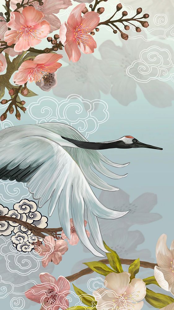 Flying Japanese crane iPhone wallpaper, traditional animal illustration