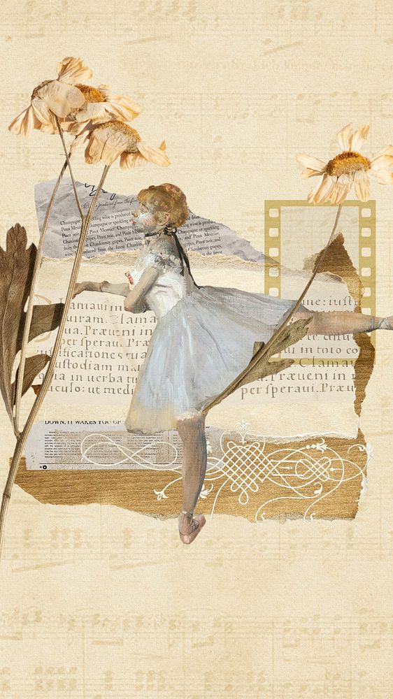 Ballerina aesthetic collage iPhone wallpaper, vintage paper textured background