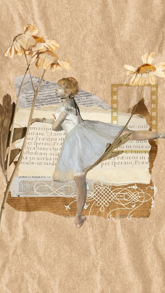 Ballerina aesthetic collage iPhone wallpaper, vintage paper textured background