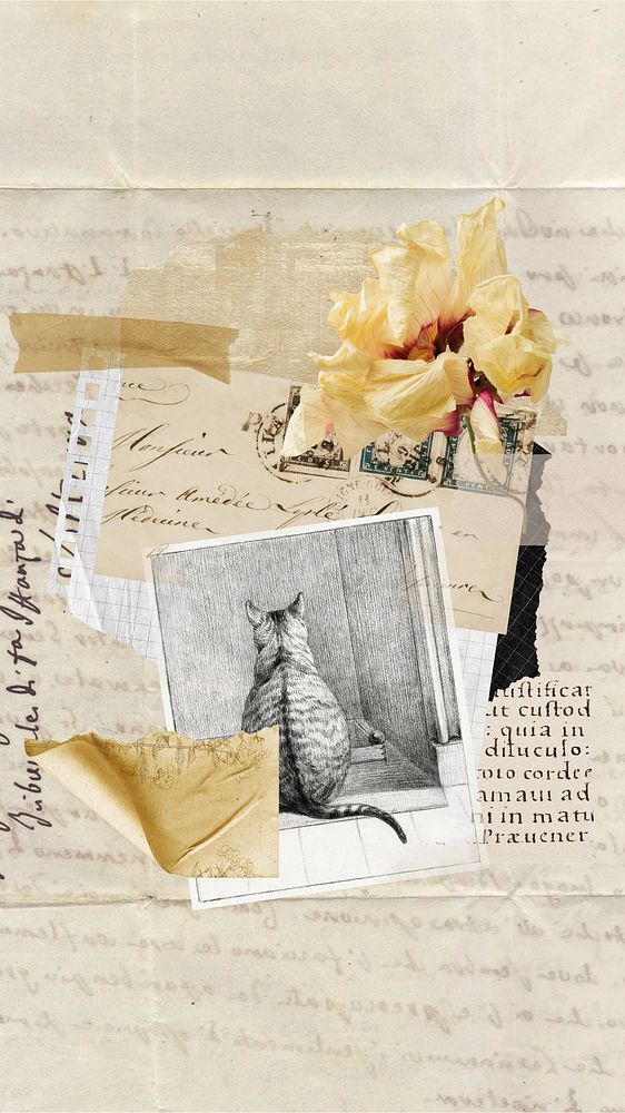Vintage cat flower iPhone wallpaper, paper collage background
