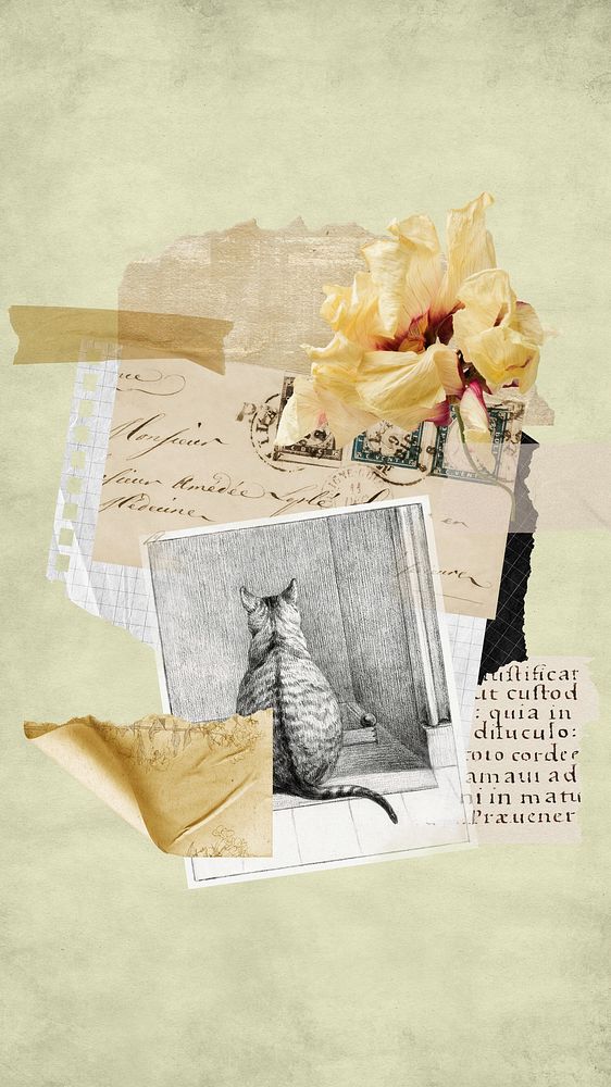Vintage cat flower iPhone wallpaper, paper collage background