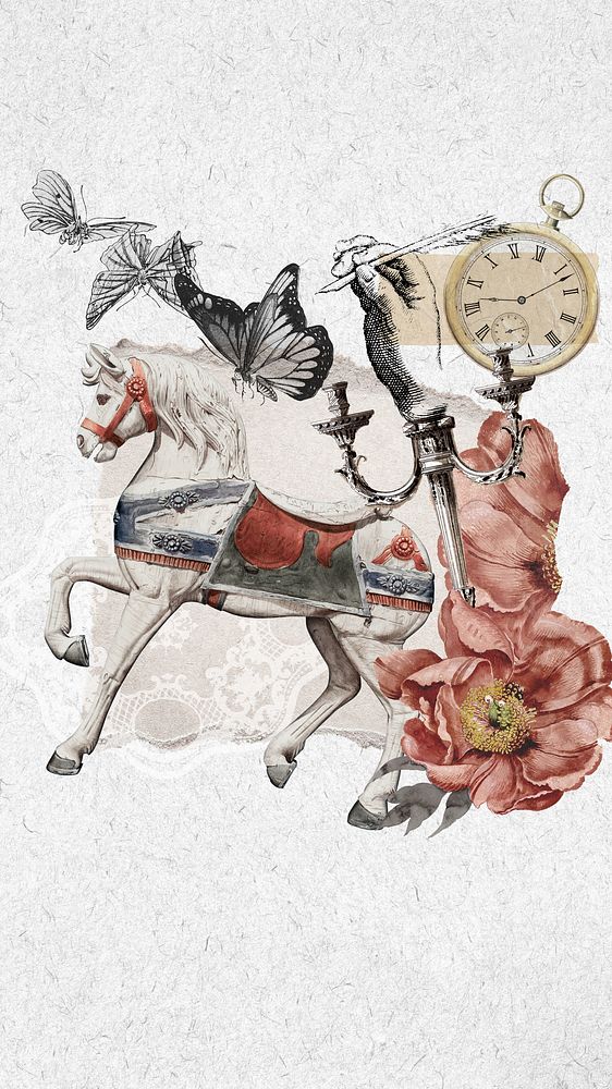 Aesthetic horse carousel iPhone wallpaper, vintage collage background