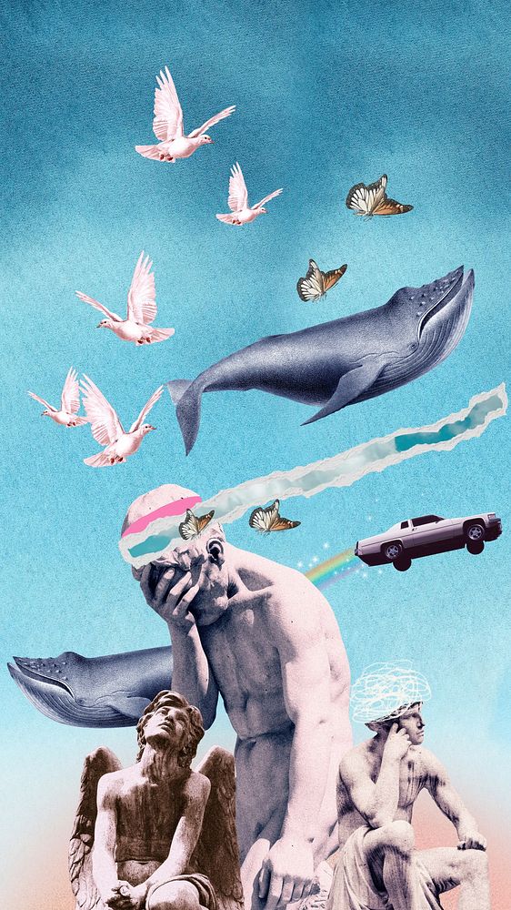 Surreal Greek God mobile wallpaper, flying whale remix background