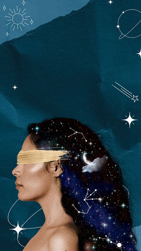 Side portrait woman mobile wallpaper, celestial collage art background