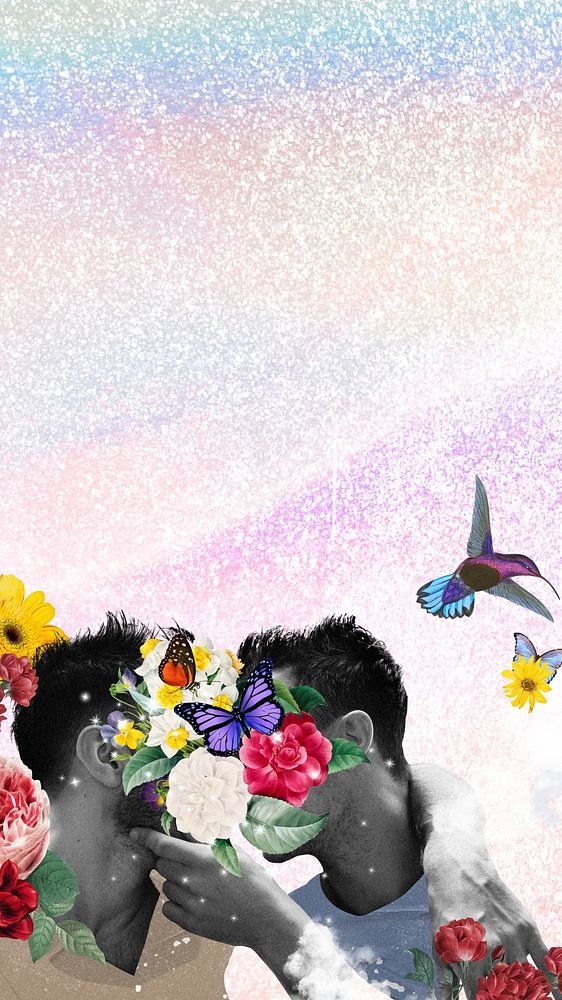 Gay couple kissing mobile wallpaper, surreal LGBTQ remix background