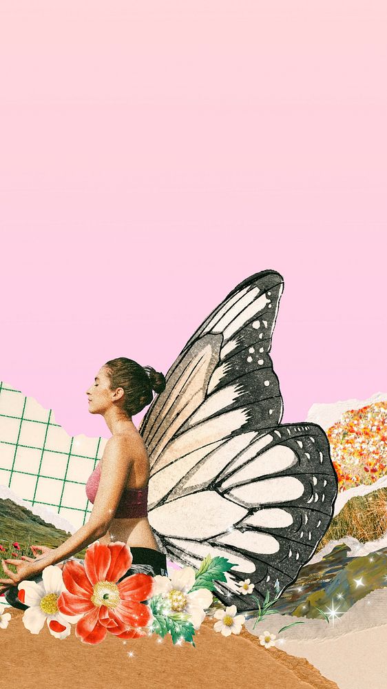 Butterfly wing woman phone wallpaper, surreal floral collage art