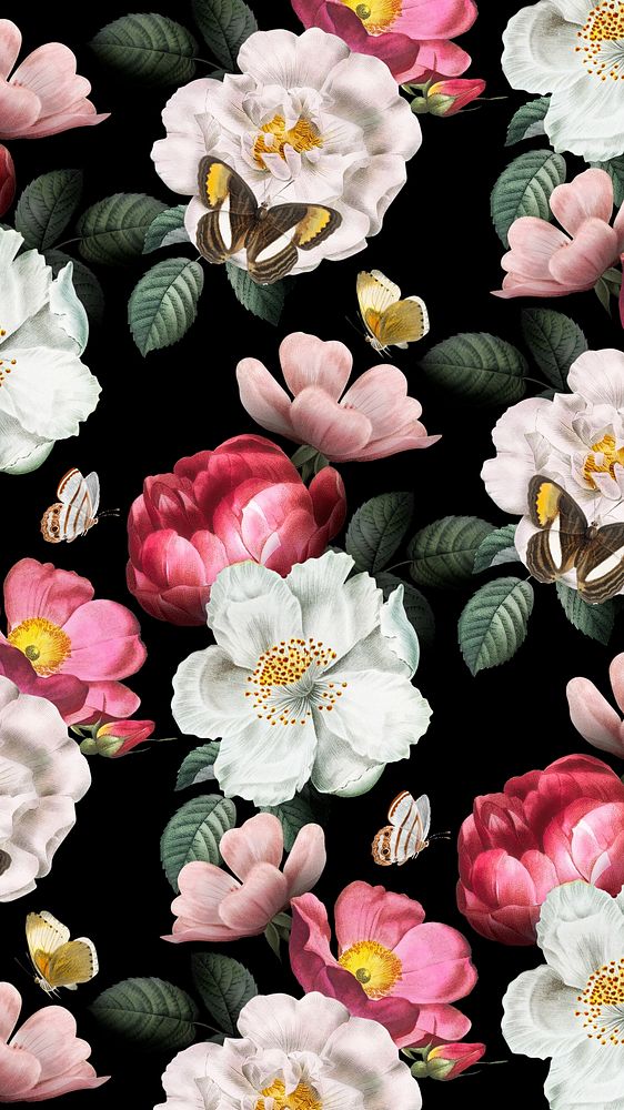 Aesthetic flower pattern mobile wallpaper, vintage botanical illustration
