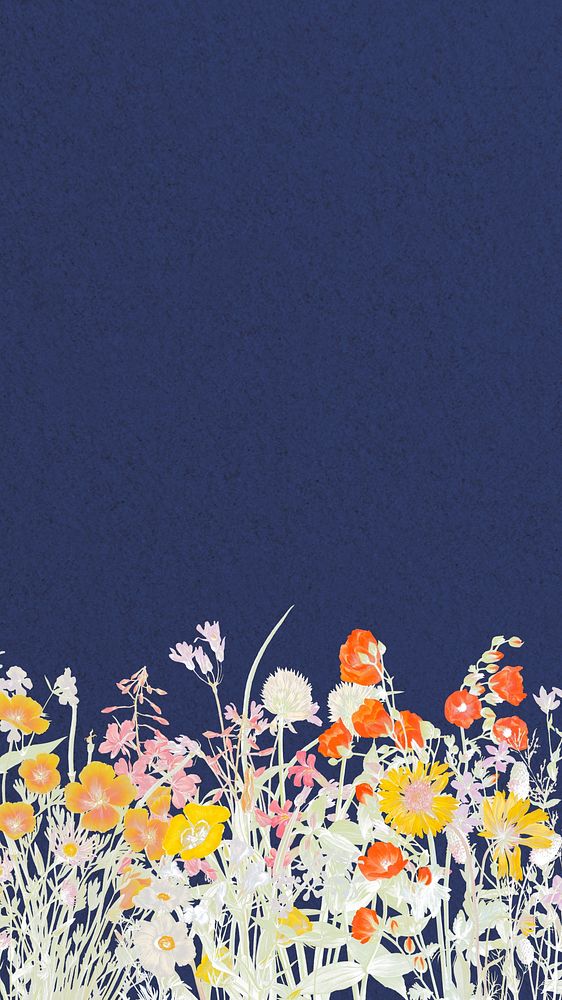 Flower border blue mobile wallpaper, vintage botanical illustration
