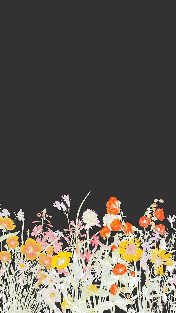 Black floral iPhone wallpaper, flower border illustration