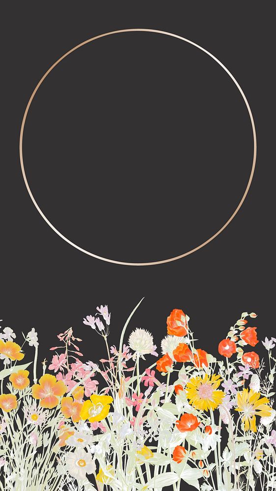 Round gold frame mobile wallpaper, Spring flower border illustration