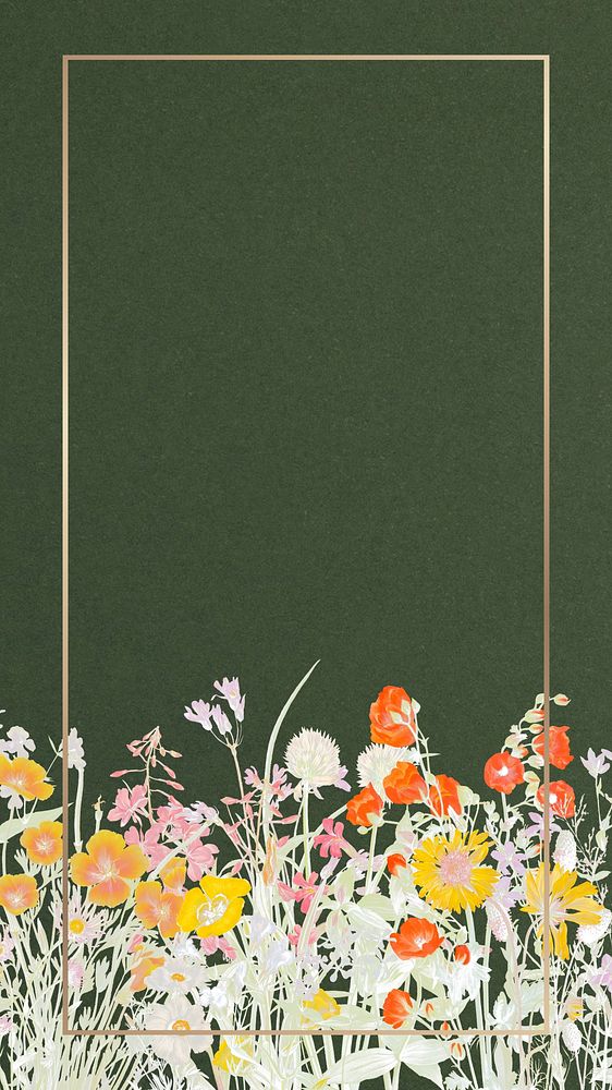 Floral gold frame phone wallpaper, flower border illustration