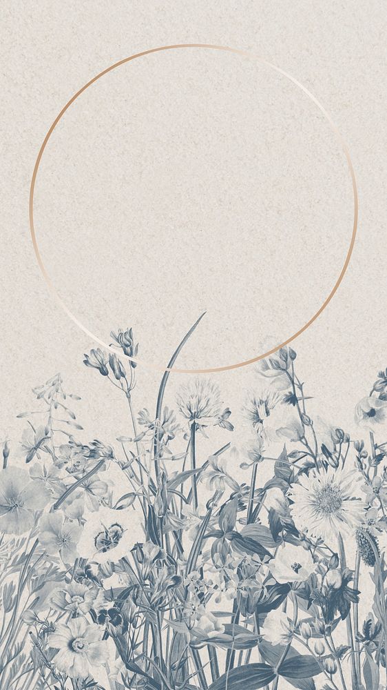 Round gold frame iPhone wallpaper, blue flowers border illustration
