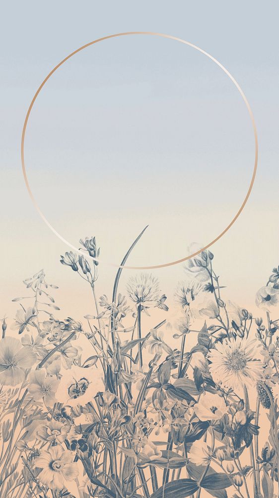 Winter flower iPhone wallpaper, round gold frame illustration