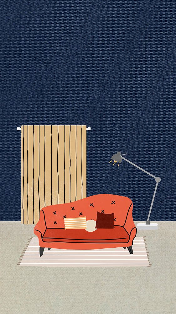 Living room mobile wallpaper, blue & orange illustration
