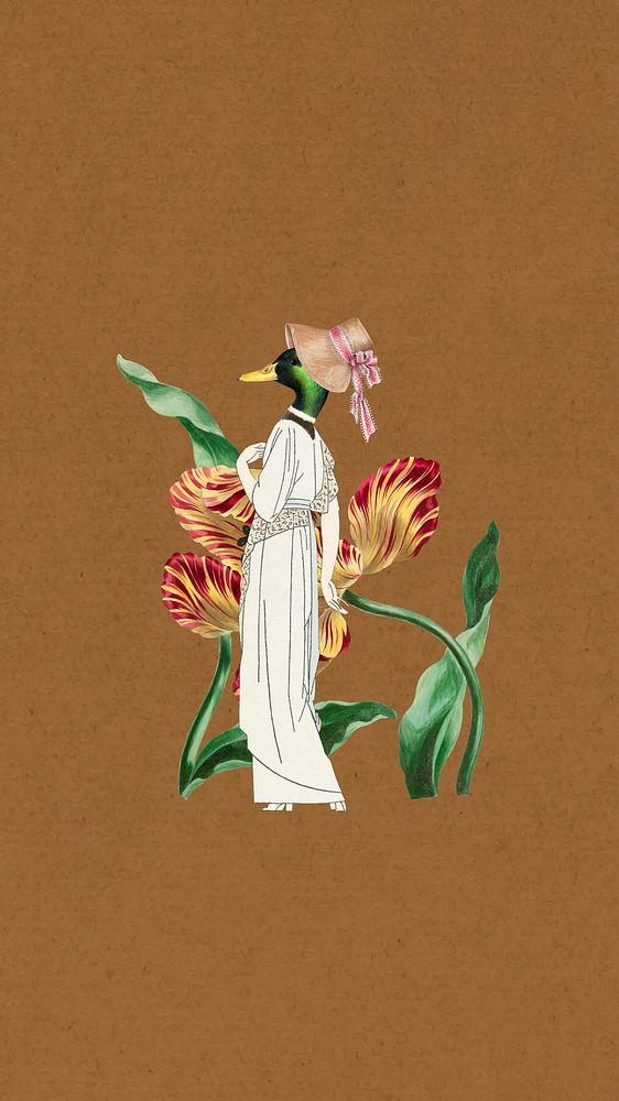 Duck in bonnet & flower anthropomorphic iPhone wallpaper