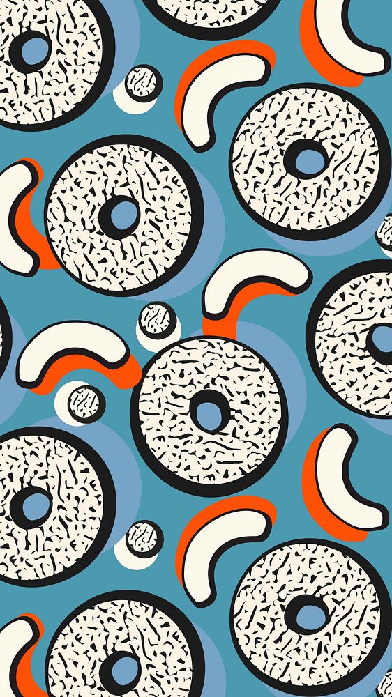 Donut memphis pattern mobile wallpaper, blue abstract background