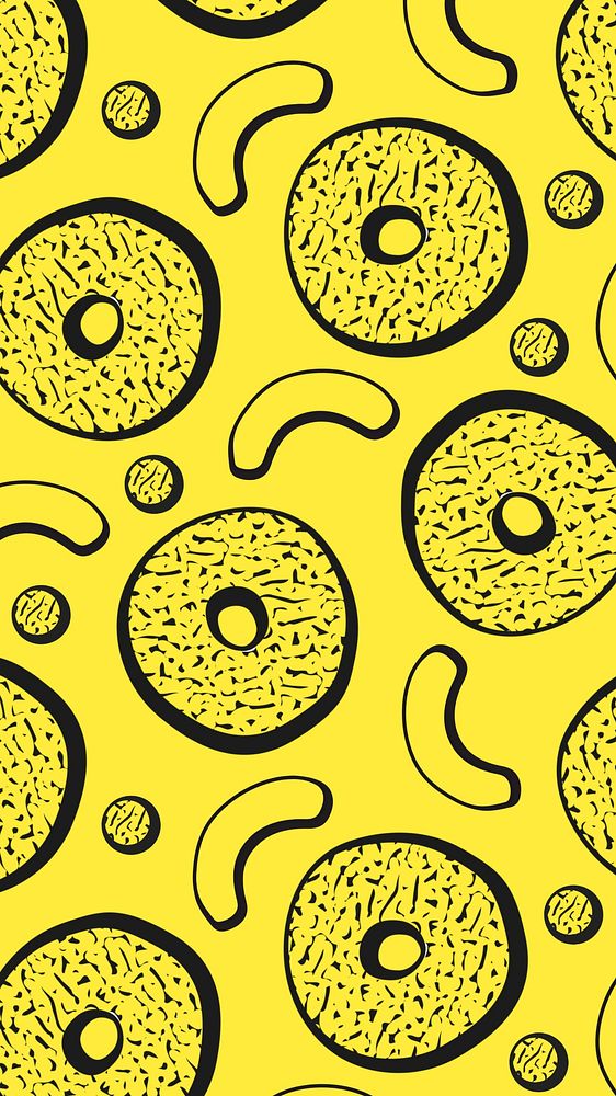 Donut memphis pattern mobile wallpaper, yellow abstract background