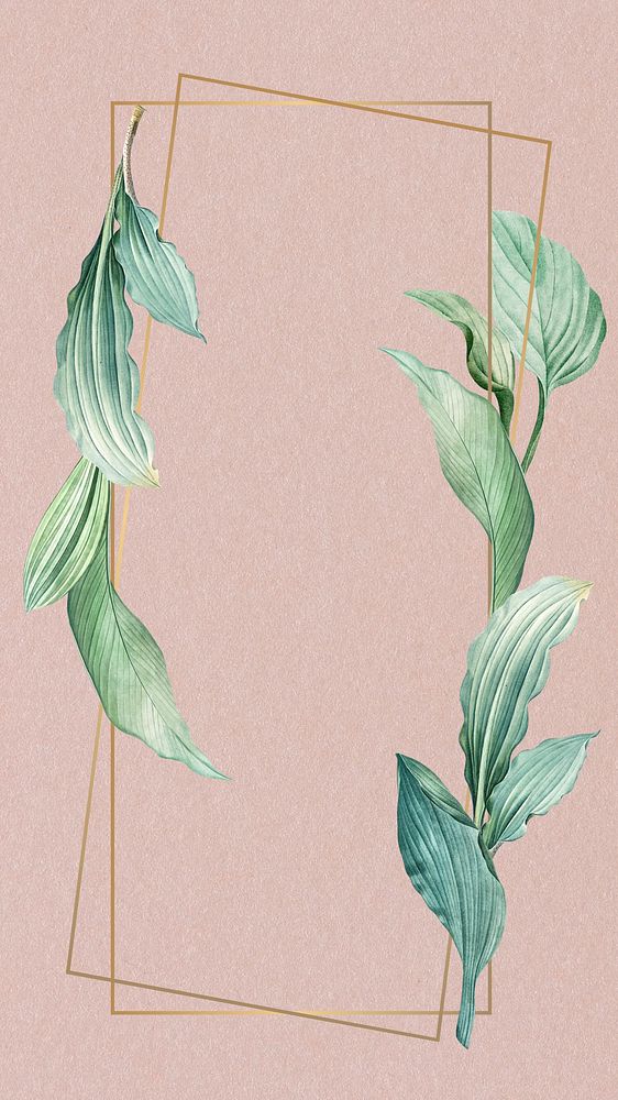 Gold frame pink mobile wallpaper, tropical leaf illustration