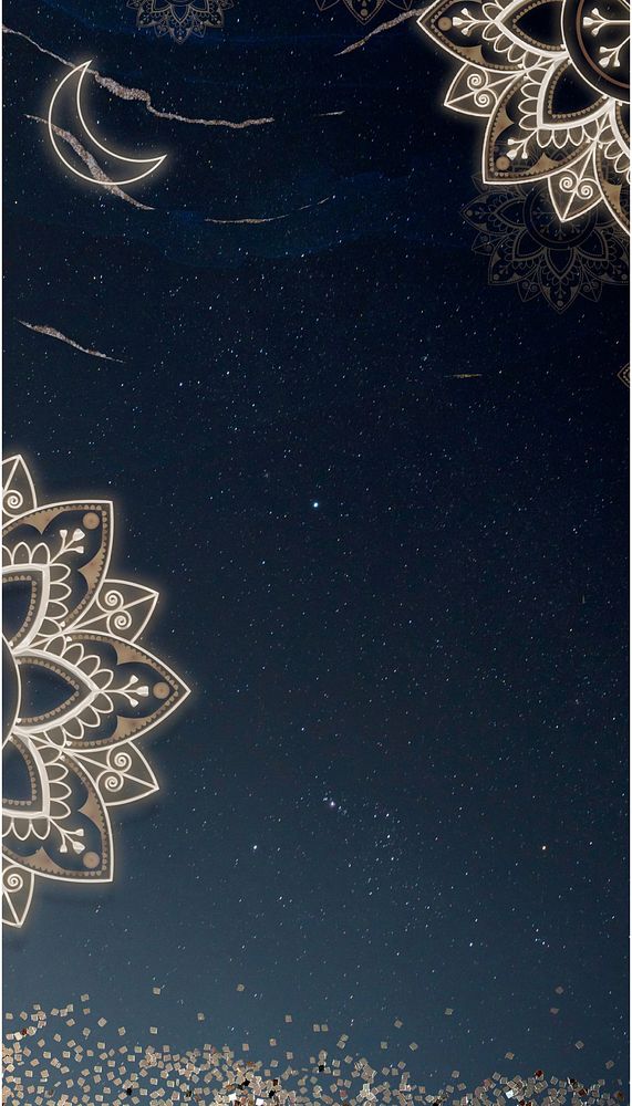 Dark starry sky iPhone wallpaper, mandala flower border