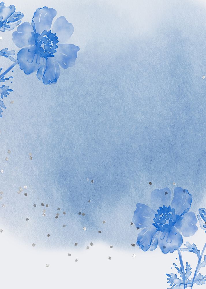 Blue watercolor flower background, botanical border