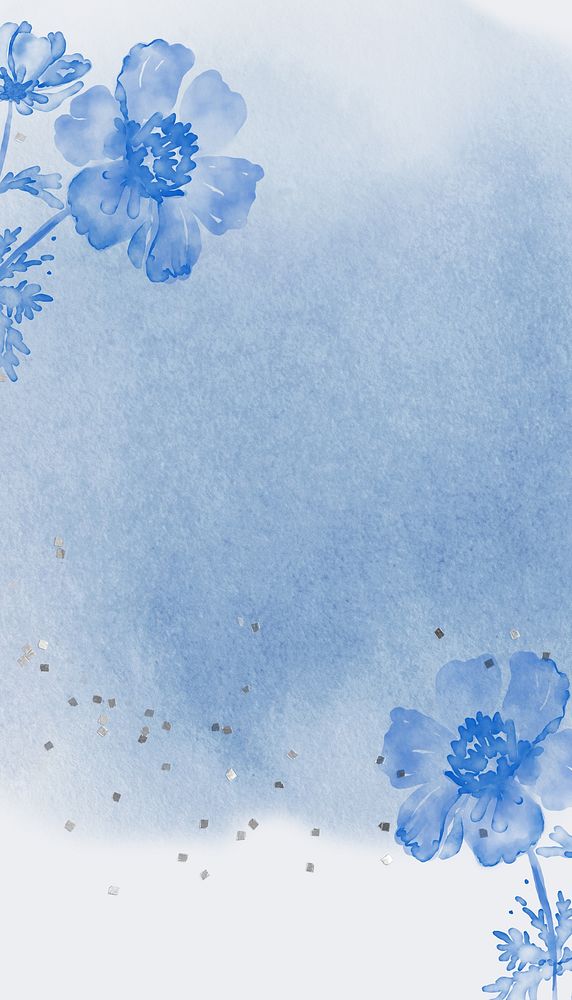 Blue watercolor flower iPhone wallpaper, botanical border