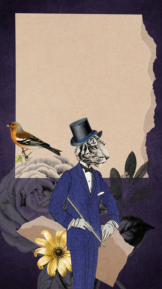Tiger wearing suit phone wallpaper, surreal collage frame background
