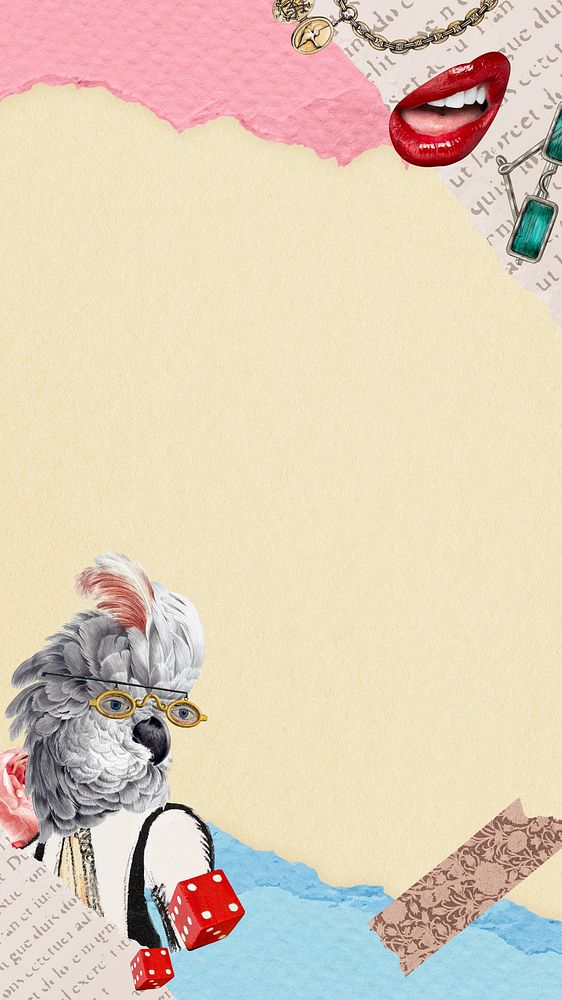 Surreal vintage bird phone wallpaper, ripped paper border background