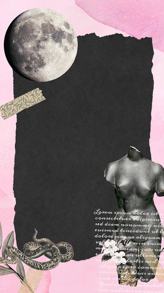 Ripped paper frame iPhone wallpaper, surreal snake, moon collage