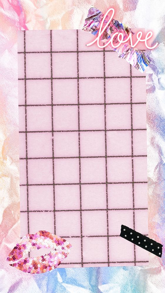 Pink grid pattern mobile wallpaper, holographic wrinkled paper frame background