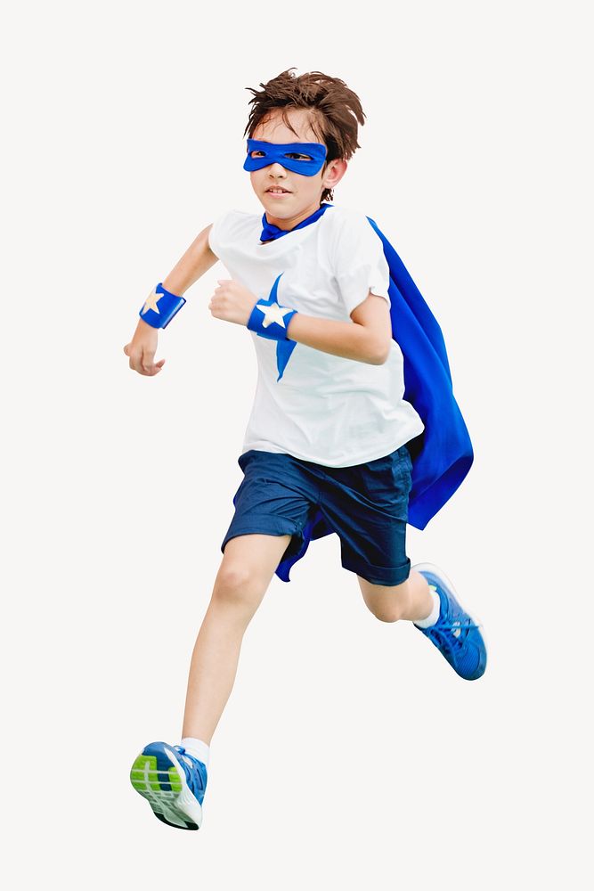 Boy playing superhero, isolated image