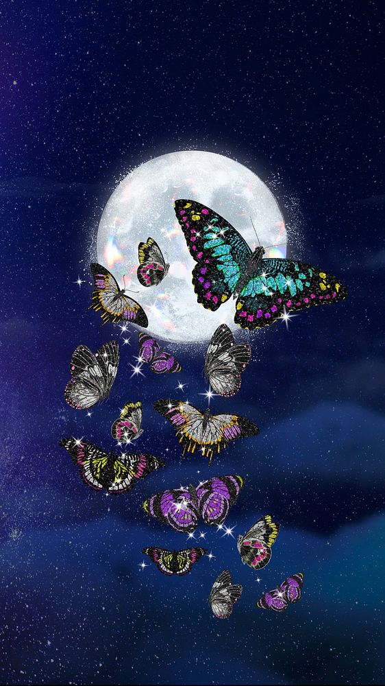 Dreamy butterflies phone wallpaper, full moon surreal background