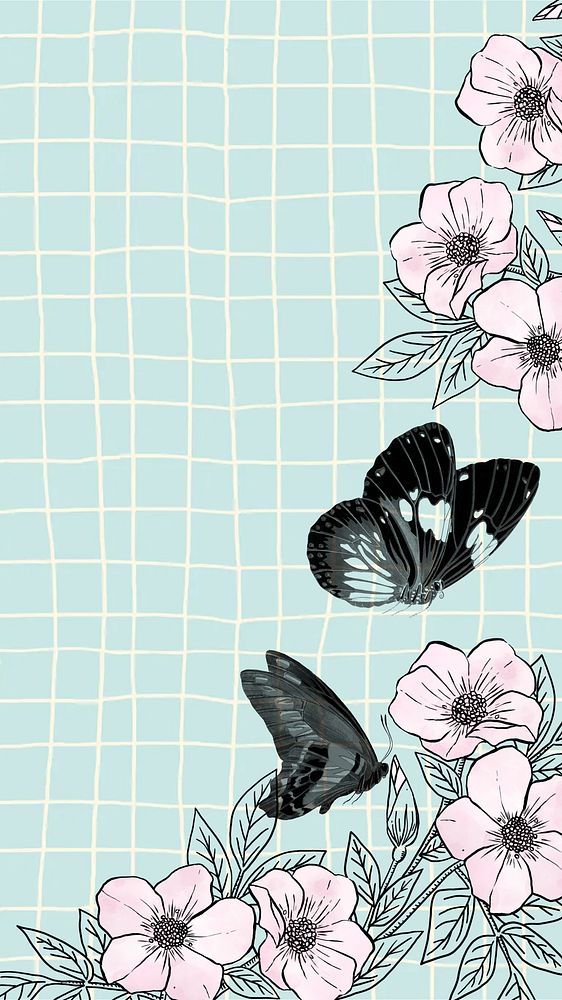 E.A. S&eacute;guy's butterfly mobile wallpaper, distorted grid background, remixed by rawpixel.