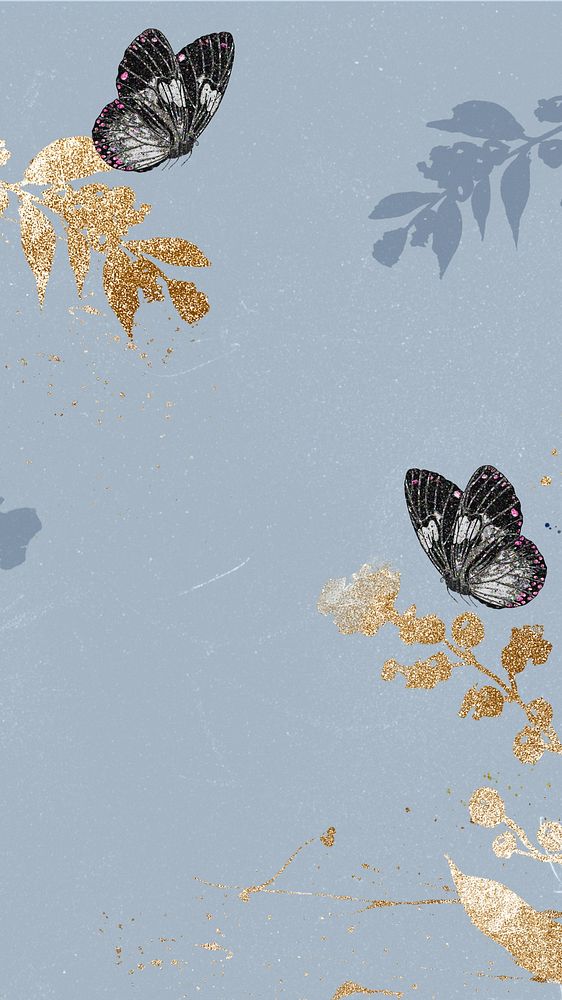 Blue aesthetic butterfly phone wallpaper, gold glittery background