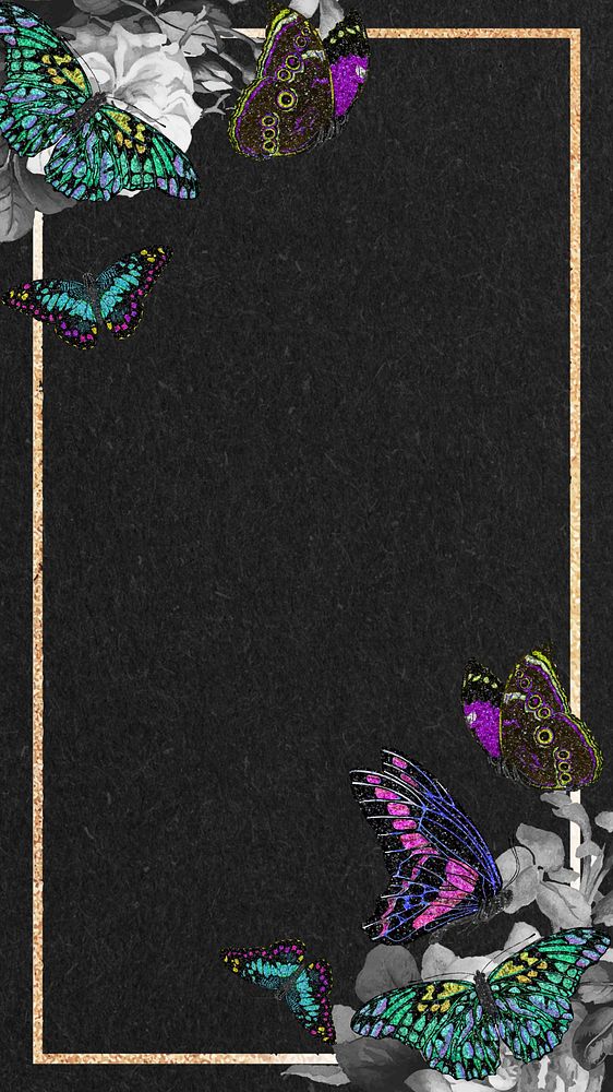 Gold butterfly frame iPhone wallpaper, black texture background, remixed from the artwork of E.A. S&eacute;guy.