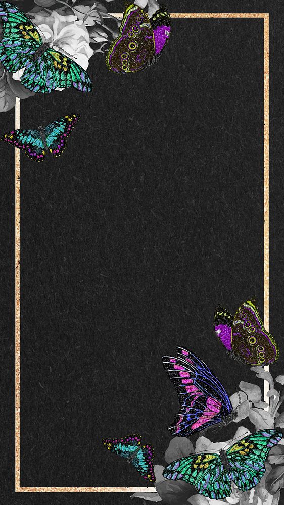 Gold butterfly frame iPhone wallpaper, black texture background, remixed from the artwork of E.A. Séguy.