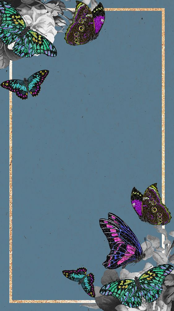 Gold butterfly frame iPhone wallpaper, blue texture background, remixed from the artwork of E.A. S&eacute;guy.