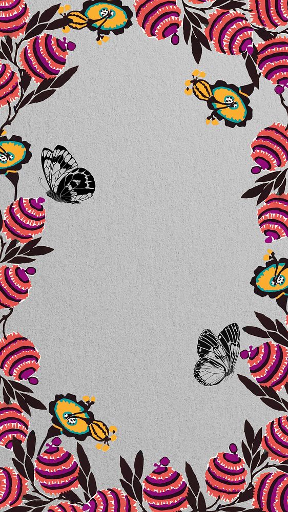 Flower butterfly frame mobile wallpaper, vintage botanical background, remixed from the artwork of E.A. S&eacute;guy.