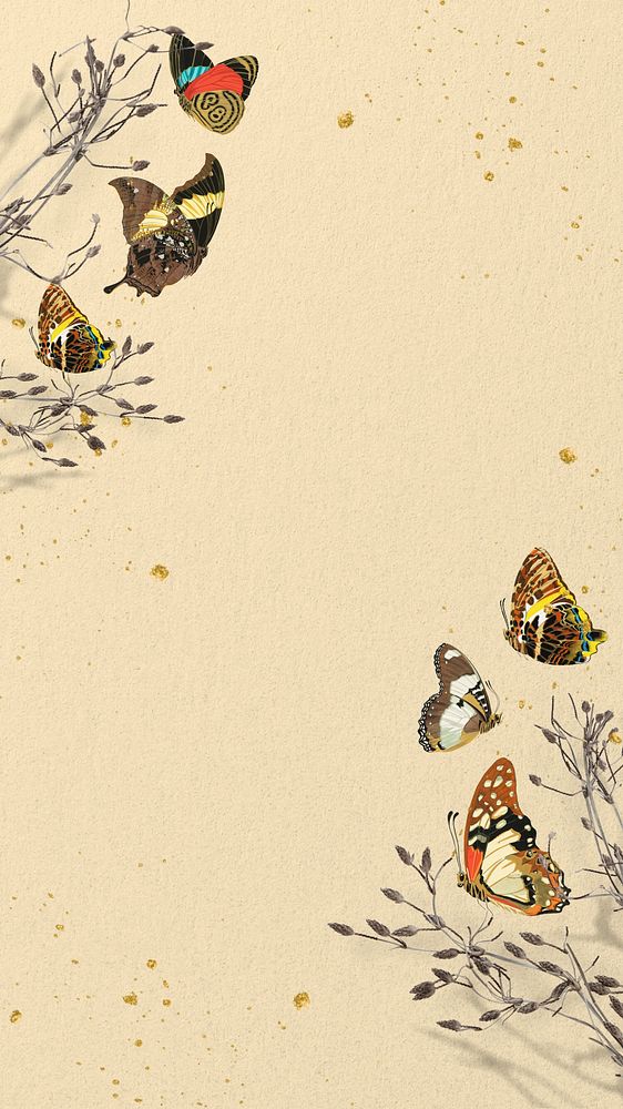 Beige vintage butterfly phone wallpaper, Autumn aesthetic background