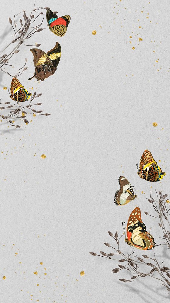 Gray vintage butterfly phone wallpaper, Autumn aesthetic background