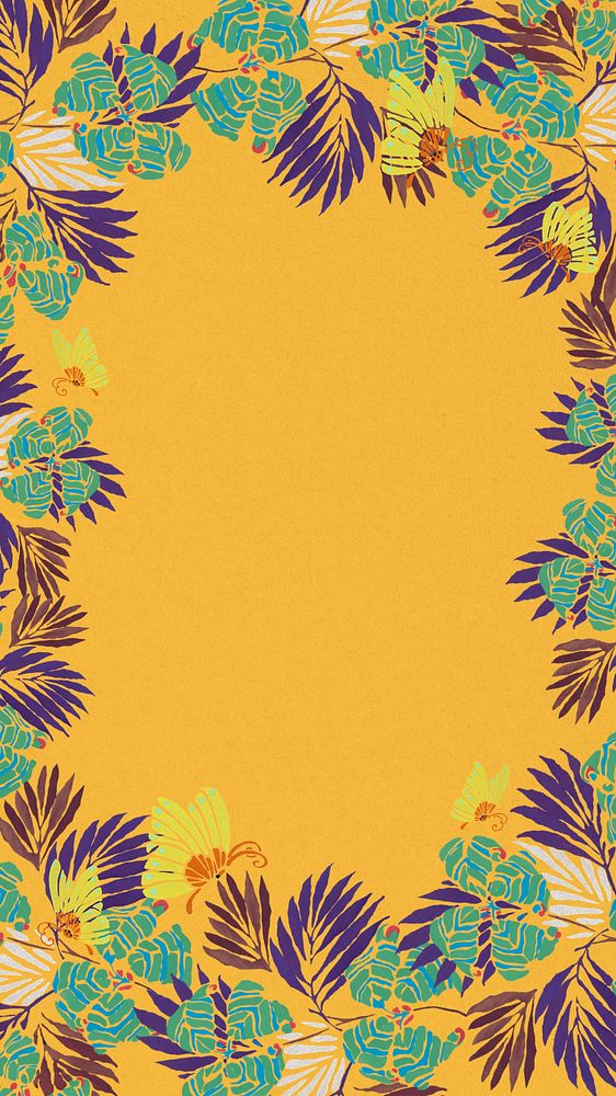 Vintage botanical frame mobile wallpaper, yellow art deco background, remixed from the artwork of E.A. S&eacute;guy.