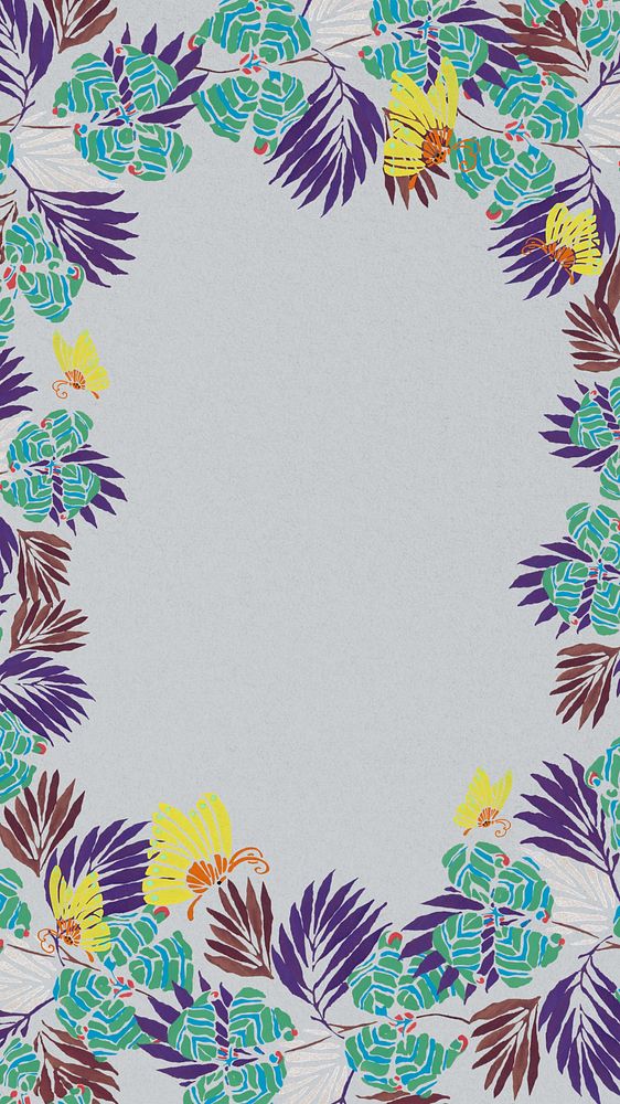 Vintage botanical frame mobile wallpaper, gray art deco background, remixed from the artwork of E.A. S&eacute;guy.